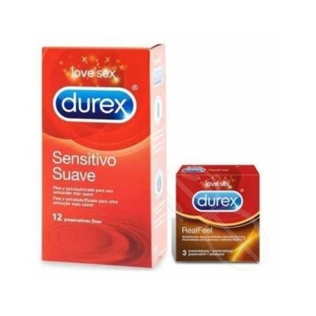 DUREX SENSITIVO SUAVE + DUREX REAL FEEL PRESERVATIVOS PROMOCION 12 U + 3 U